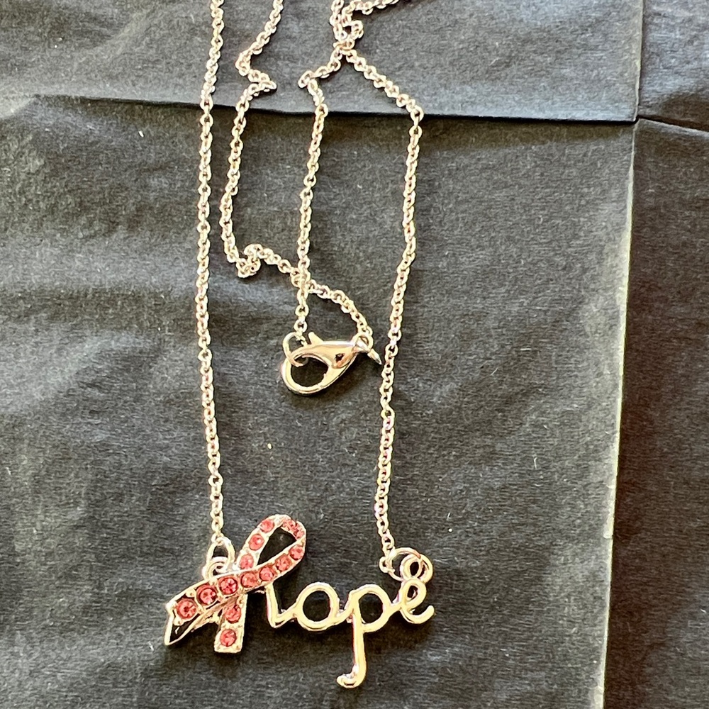 NWT Rhodium plated” Hope “Necklace with Pink Ribbon 🎀 16”chain